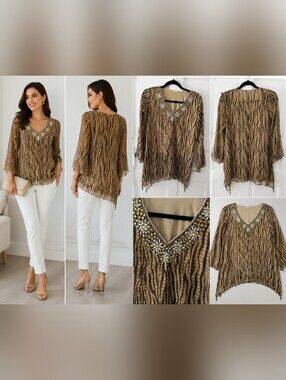 Embellished V-Neck Zebra Print Blouse in Brown